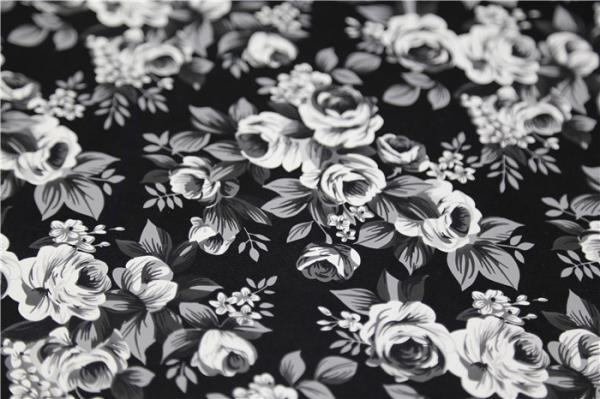 Black and White Camellia Flower  Printed PU Leather With 100% Viscose Backing Fabric