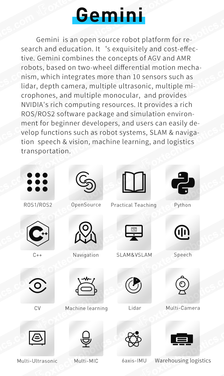 Gemini Open Source ROS SLAM AMR Robot Development Kit Platform for Research and Education with LiDAR Chassis