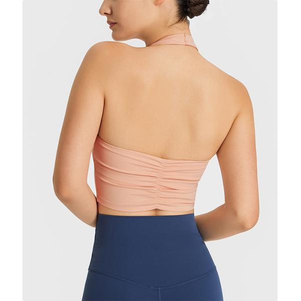 Halter Neck Womens Sports Bra Sexy Pleated Back Crop Tops With Removable Pad