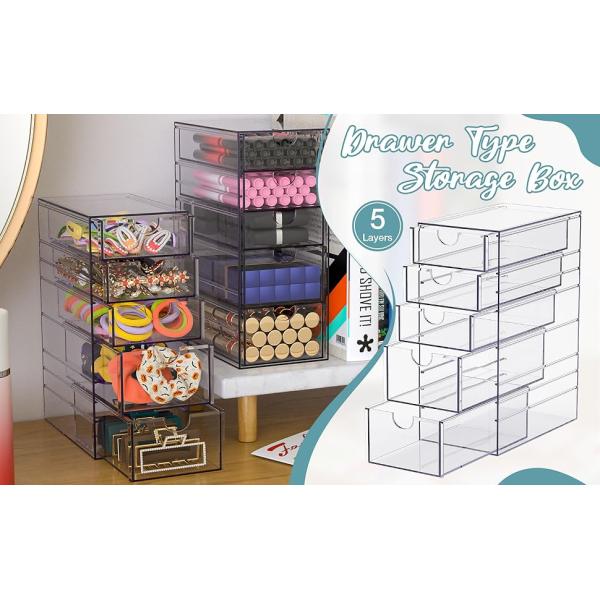 Clear Containers For Hair Accessory Organizing, Plastic Hair Accessory Organizer Box With 5 Drawers, Hair Accessory