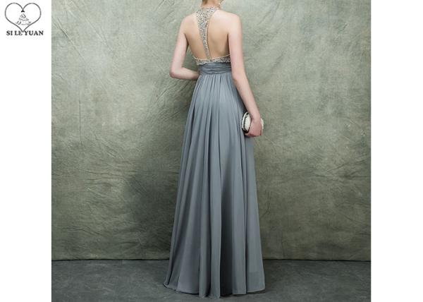 Hanging Neck Gold A Line Ball Gown Dress Beaded Deep V Neck Floor Length Chiffon