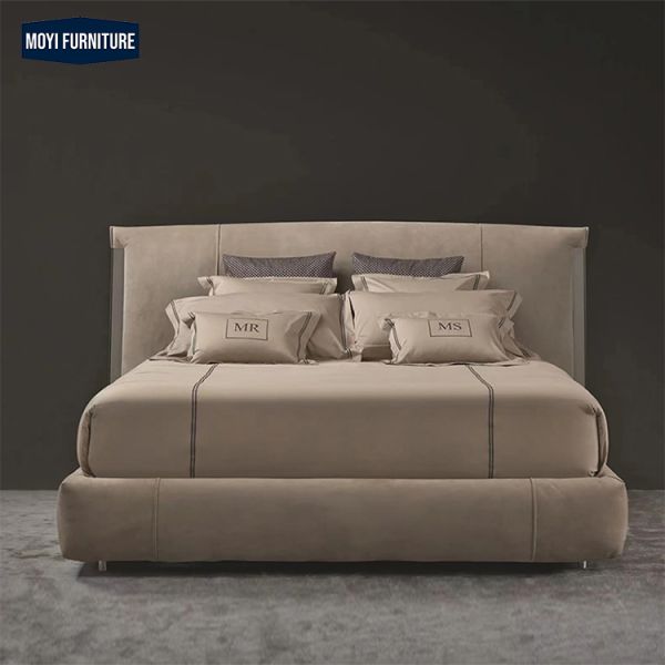 Oak wood bedroom set Italian hotel latest designer double bed modern leather frame king size luxurious furniture design