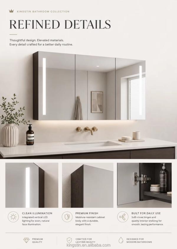 Kingstin Premium Copper-Free Silver Glass Smart LED Mirror Cabinet for Hotels & Home Bathrooms