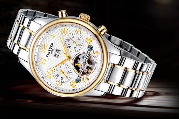 KINYUED  stainless steel automatic mechanical watch for men skeleton water resistant watch