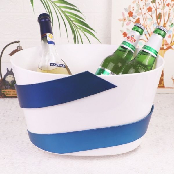 Custom 8L White Plastic Ice Bucket With Detachable Blue Ribbon Champagne Bucket