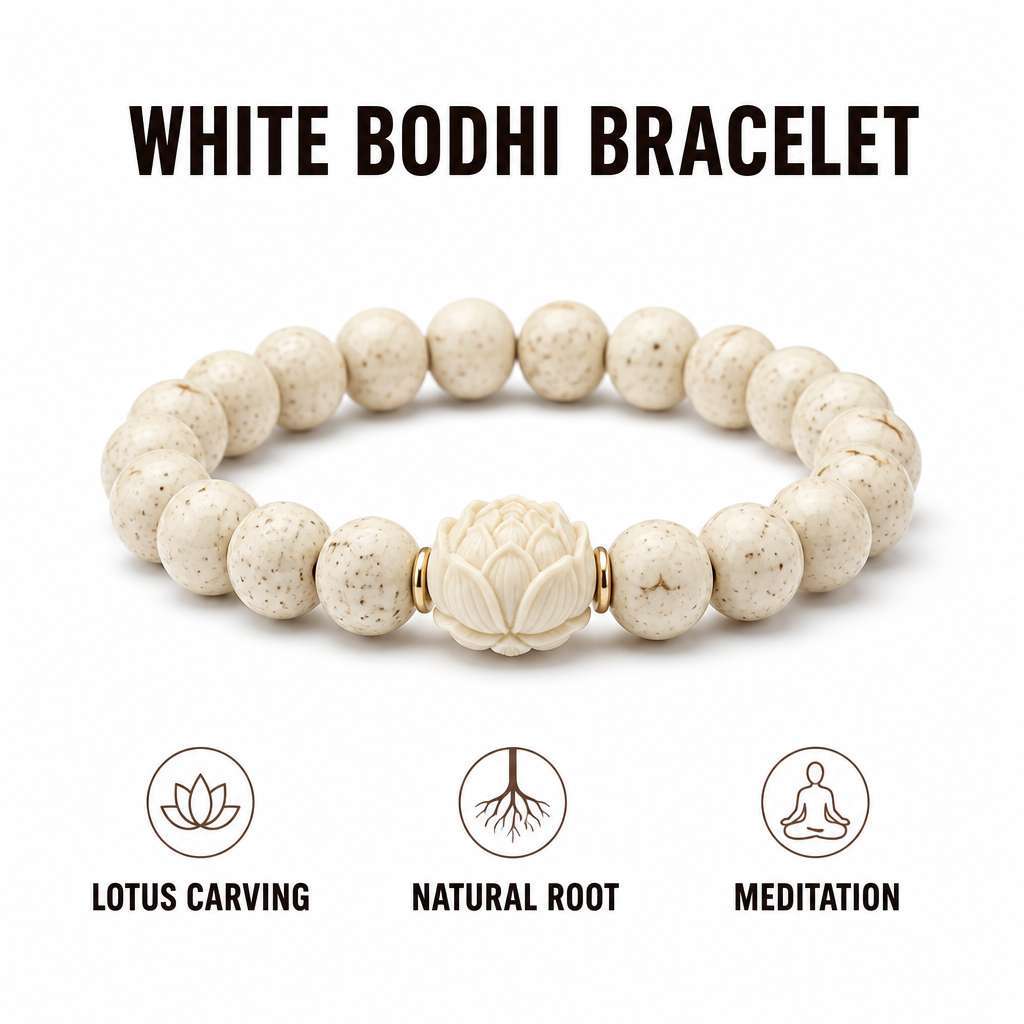 Natural Bodhi Root Taoist Bracelet with Hand-Carved Lotus Beads in Ivory White for Meditation