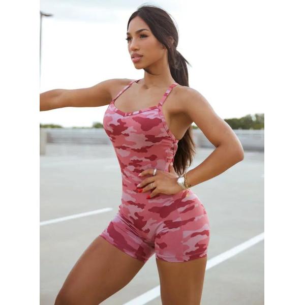 Camouflage Cross Backless Workout Jumpsuit Jogging Sexy Short Sportswear Women Bodysuit Fitness Yoga Wear
