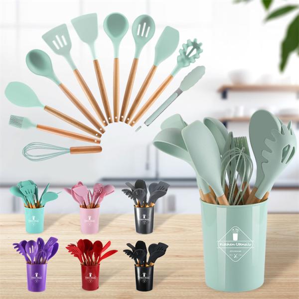Silicone Kitchen Utensils with Wooden Handles 12 Pieces Cooking Tools Kitchenware