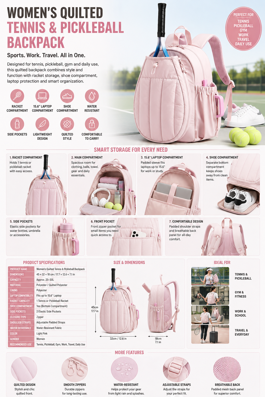 Women’s Tennis & Pickleball Backpack, Quilted Racket Bag with 15.6