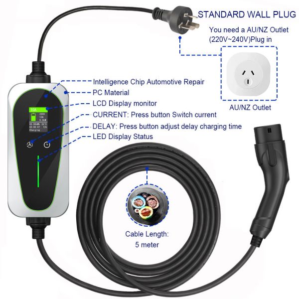 Portable EV Car Charger IP67 waterproof and dust tight with clear LCD display showing voltage current kWh and temperature