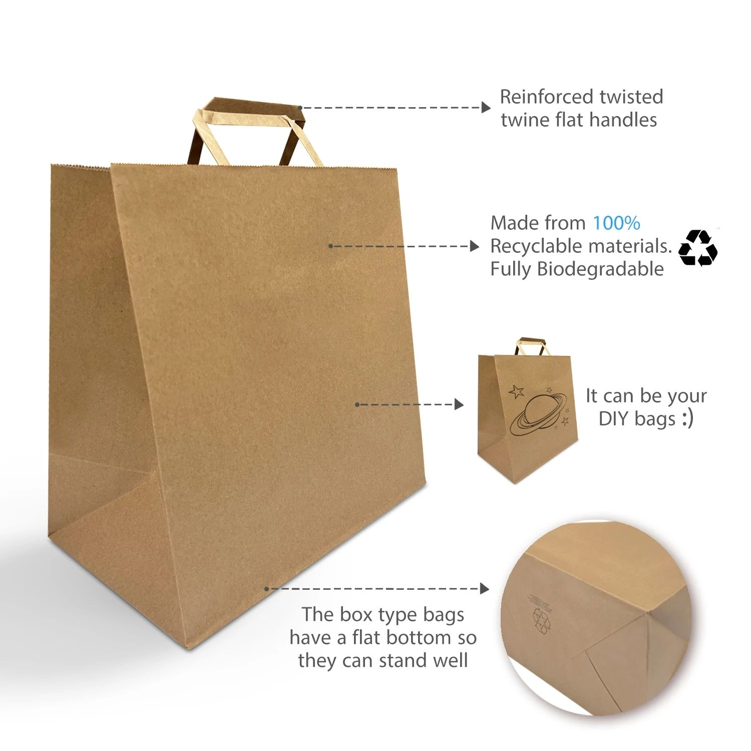 Custom Logo Plain Brown Kraft Paper Bags With Flat Handles