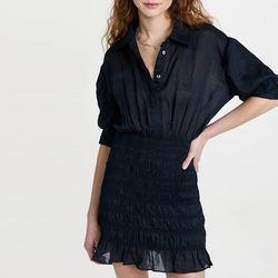                  Ladies Casual Dress Collared Neck Elbow Length Puff Sleeve Ruffle Hem Polyester Smocked Shirt Dress for Women             