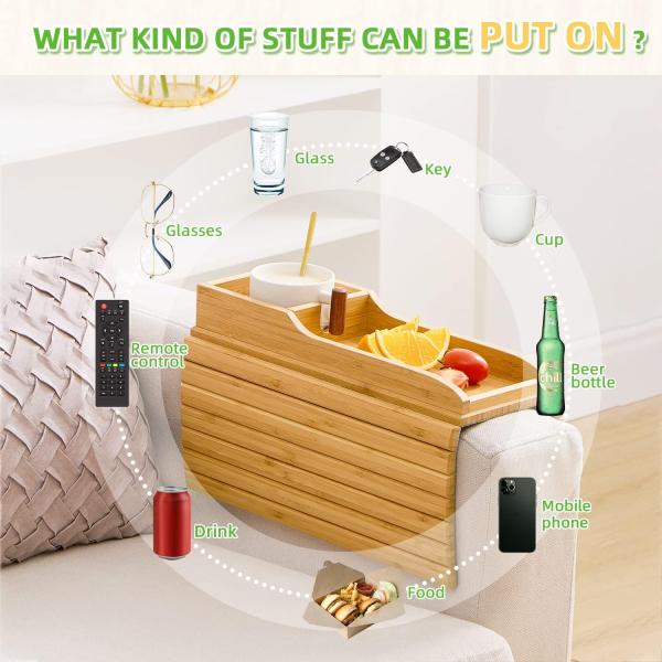 Portable Couch Arm Tray Table Natural Bamboo Sofa Couch Cup Holder with Glossy Lamination
