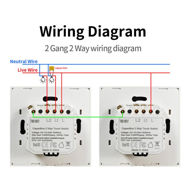 UBARO Grey Dual Touch Switch Manual Touch 2 Gang 2 Way Smart Light Switch Live Wire Control 2000W/gang