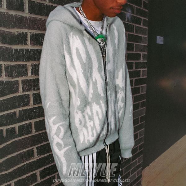 Logo de mohair tricoté personnalisé Vintage Hoodies en détresse chaud Vêtements de rue poids lourd Zip Up Hoodie