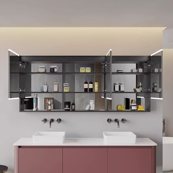 Modern Luxurious Anti-Fog Aluminum LED Bathroom Vanity Mirror Cabinet Time Display Water Resistant for Hotel Apartment Use