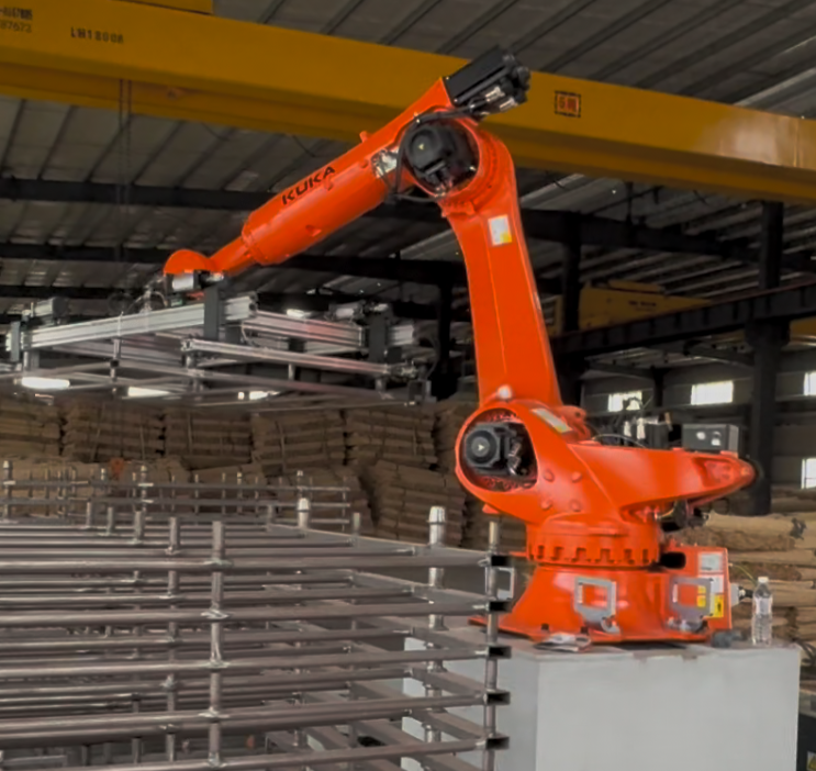 KUKAKR300 R2700-2 6Axis RoboticArm Solid Round Steel Billets Load & Unload with Pneumatic Gripper for Metal Hot Forging Industry