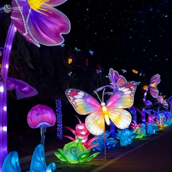 Custom Giant Purple‑Pink Flower with Butterfly LED Lantern, Tall Floral Light Sculpture for Park Garden Light Festival