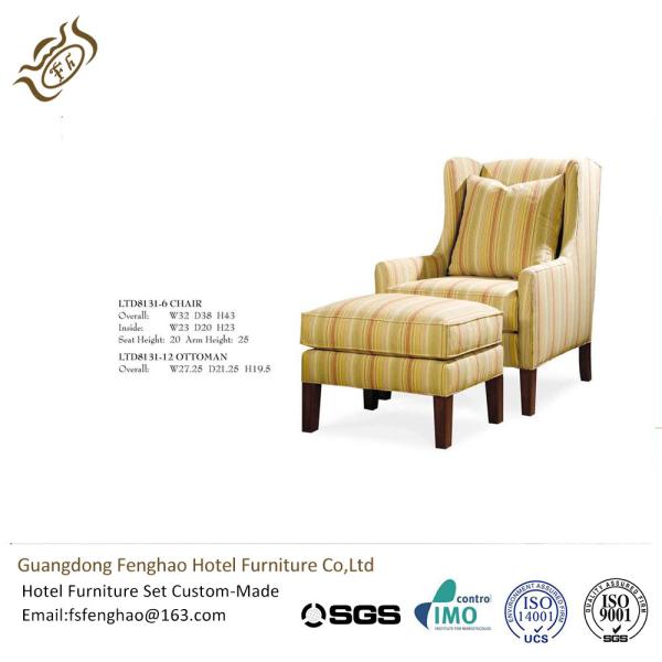 French Countryside Strip Linen Fabric Leisure Chair Ottoman Wood Leg Upholstered Cushion