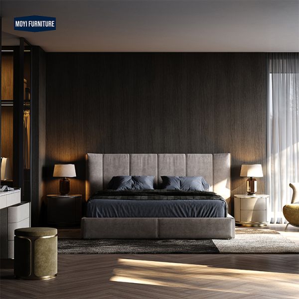 Oak Wood Frame Double Bed Luxury Bedroom Furniture Featuring Modern Style High End King Size Velvet Headboard