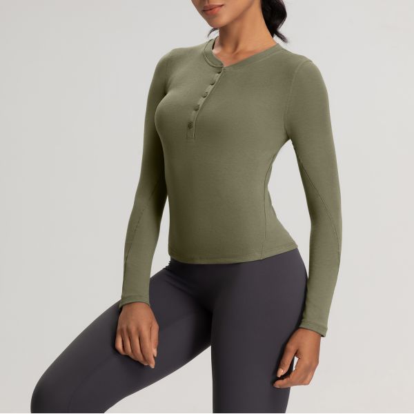 Long Sleeve Henley Top Yoga Activewear Soft Ribbed Fabric Taupe Color for Women