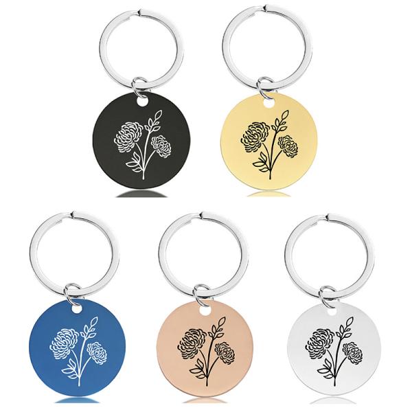 Stainless KeyKey chain pendant Month flower birthday holiday gift engraved metal key chain logo words