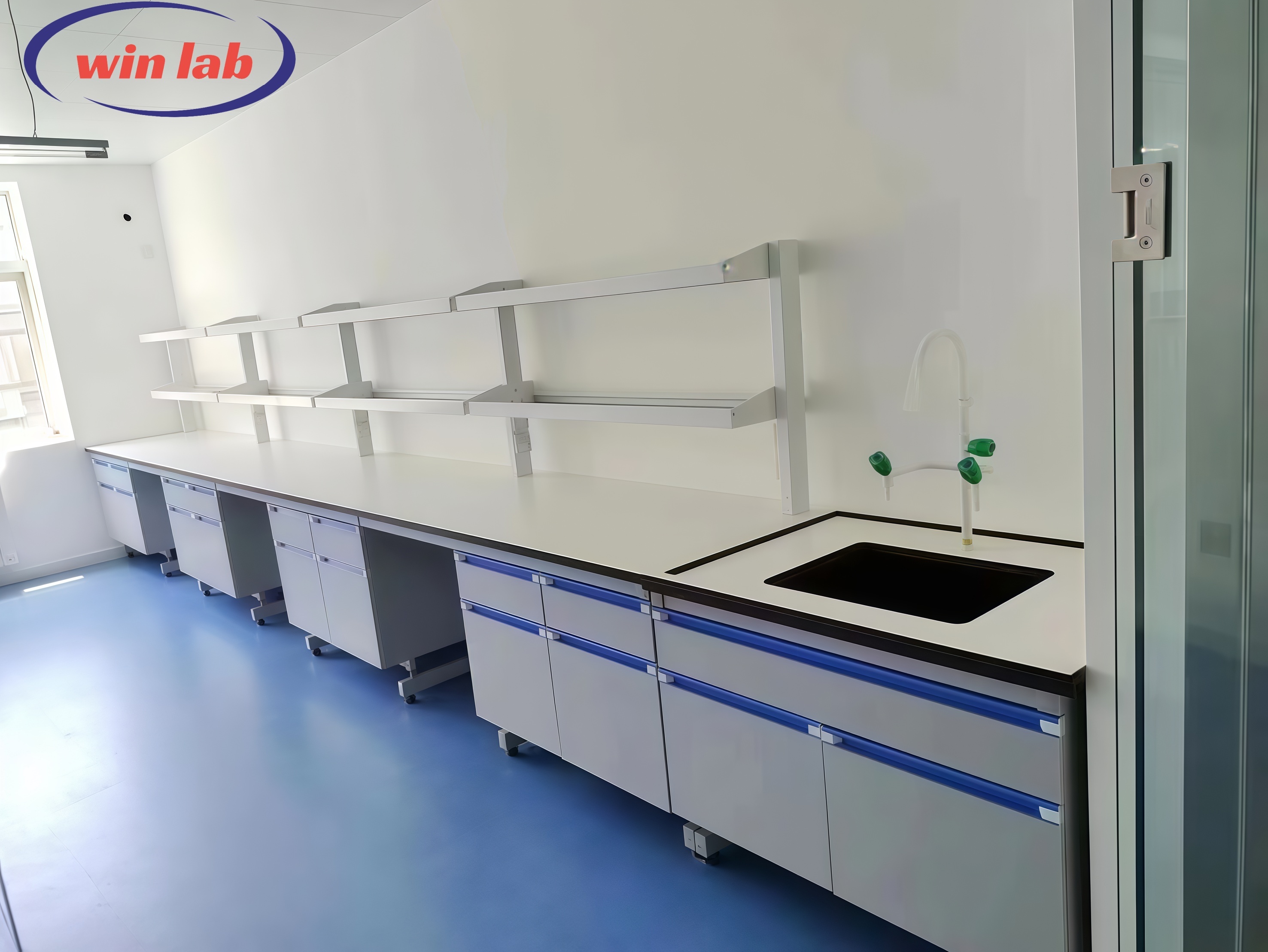 C Frame Lab Work Bench Steel Wood Lab Bench Furniture Modern With Storage Cabinet