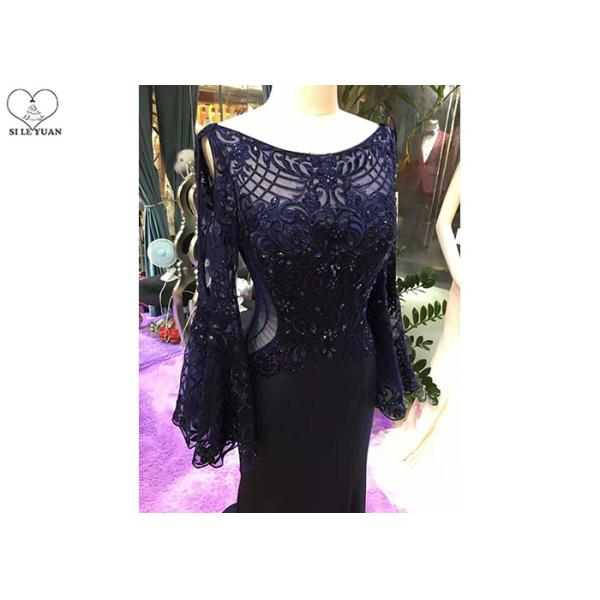 Top Backless Navy Blue Mermaid Dress / Sweep Train Prom Dress Long Horn Sleeve