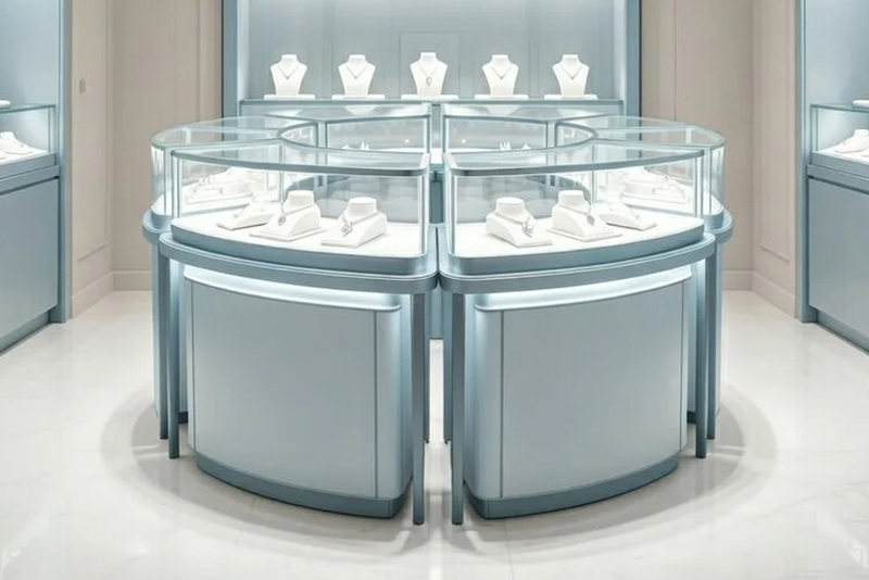Pastel Blue Jewelry Counter Display Curved Soft Jewellery Display Retail