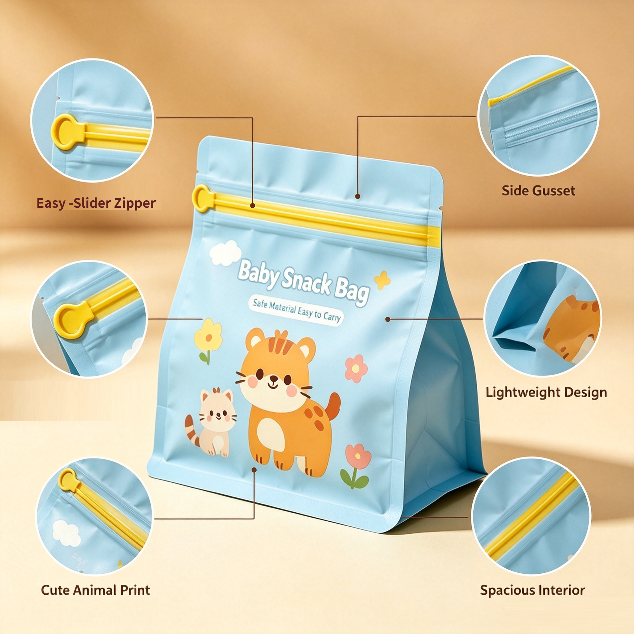 Custom Printed Stand-Up Zipper Pouches For Baby Snacks, Milk Powder & Dry Foods | Food Grade Resealable Stand Up Zip Bags OEM Cartoon Printing