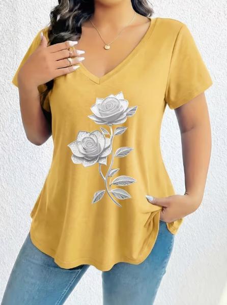 2026 New Arrival: Plus-Size Printed Short-Sleeve T-Shirt for Women – Casual, V-Neck, Loose-Fitting, Comfortable, and Versatile Top