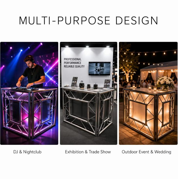 Foldable Aluminum Truss DJ Booth Workstation with Anti-Slip Platform 100kg Load Capacity and No Tools Required Assembly