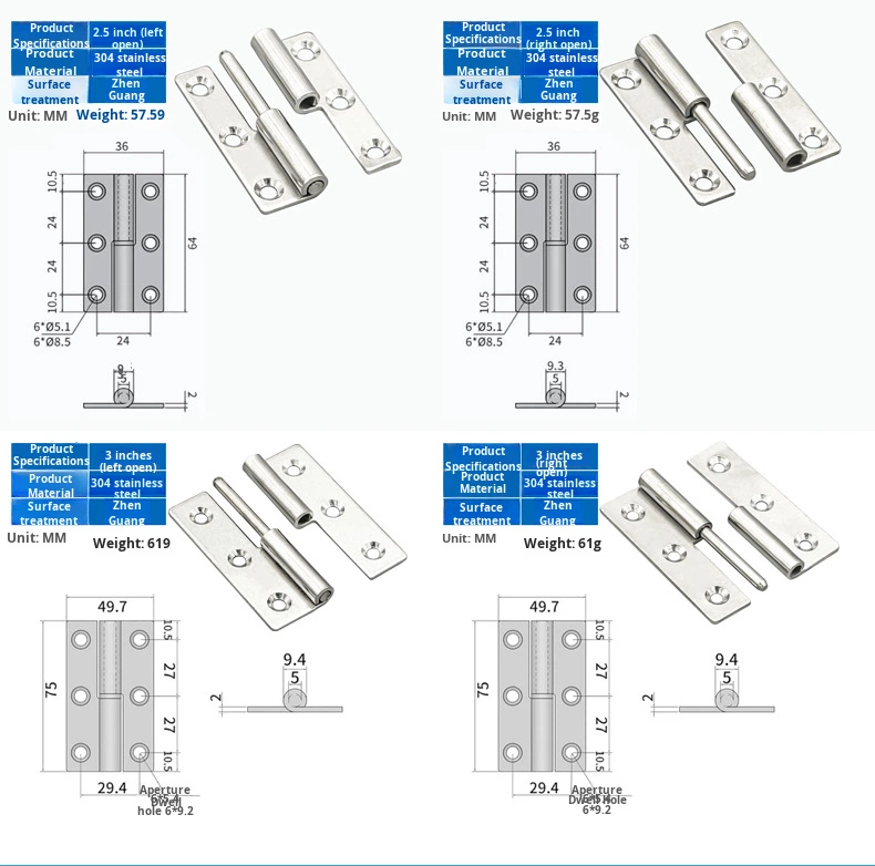 Xiongfeng Removable Detachable Stainless Steel Folding Door Hinge 4-Hole Bathroom Modern Simple Design Left/Right Loose Leaf No
