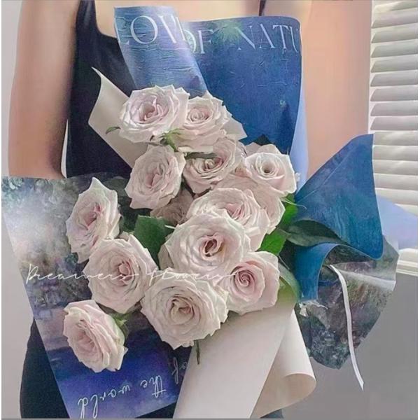 New Qixi Festival flower bouquet wrapping paper, a popular blue series of paper, Valentine's Day oil-painted style flower wrapping paper