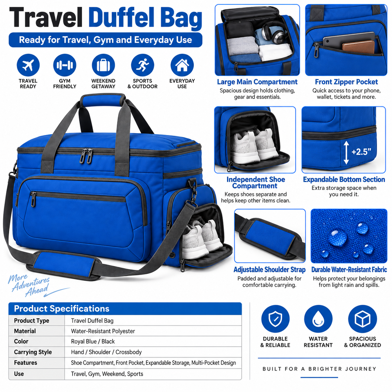 Custom OEM ODM Gym & Travel Duffel Bag – Large Capacity Expandable Overnight Bag with Separate Shoe Compartment and Carry Handles