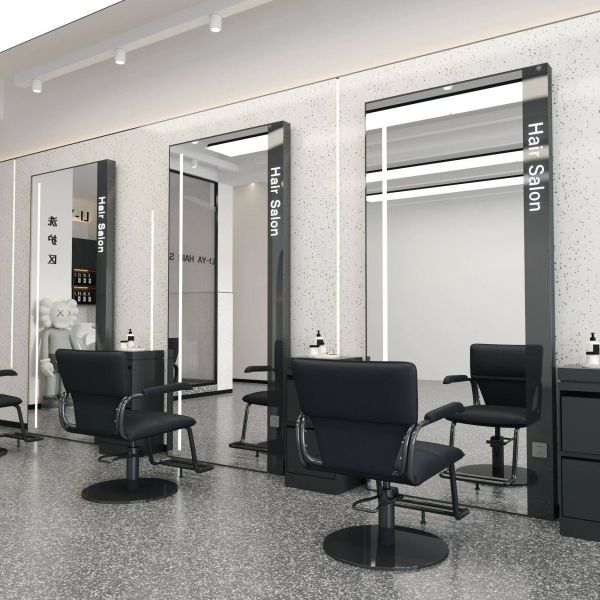 Kingstin Modern LED Salon Styling Mirror with Light Customizable Logo, Full Body Barber Shop Mirror Station