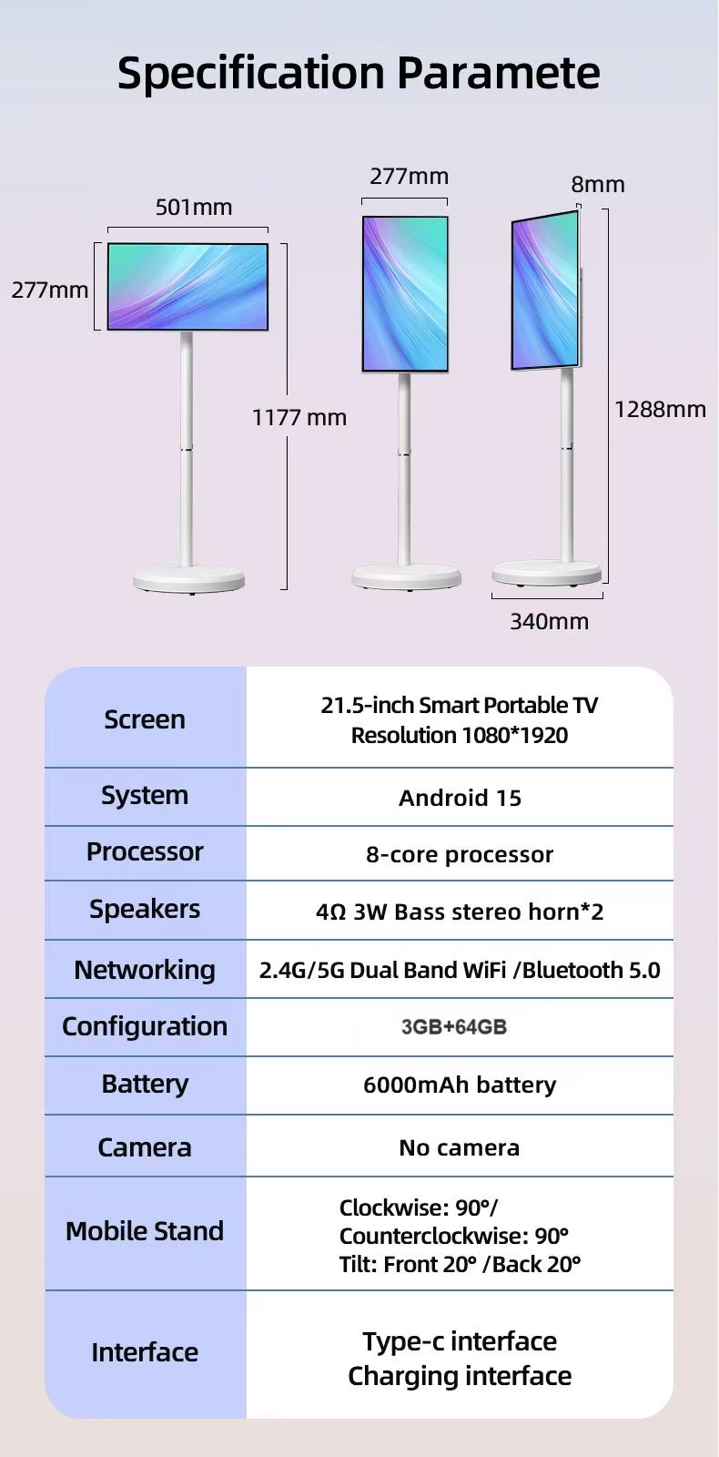 21.5 Inch Smart Portable Monitor Screen Digital Signage Display Moving Touch Screen Monitor Android 15 Smart Tv Rollable Tablet