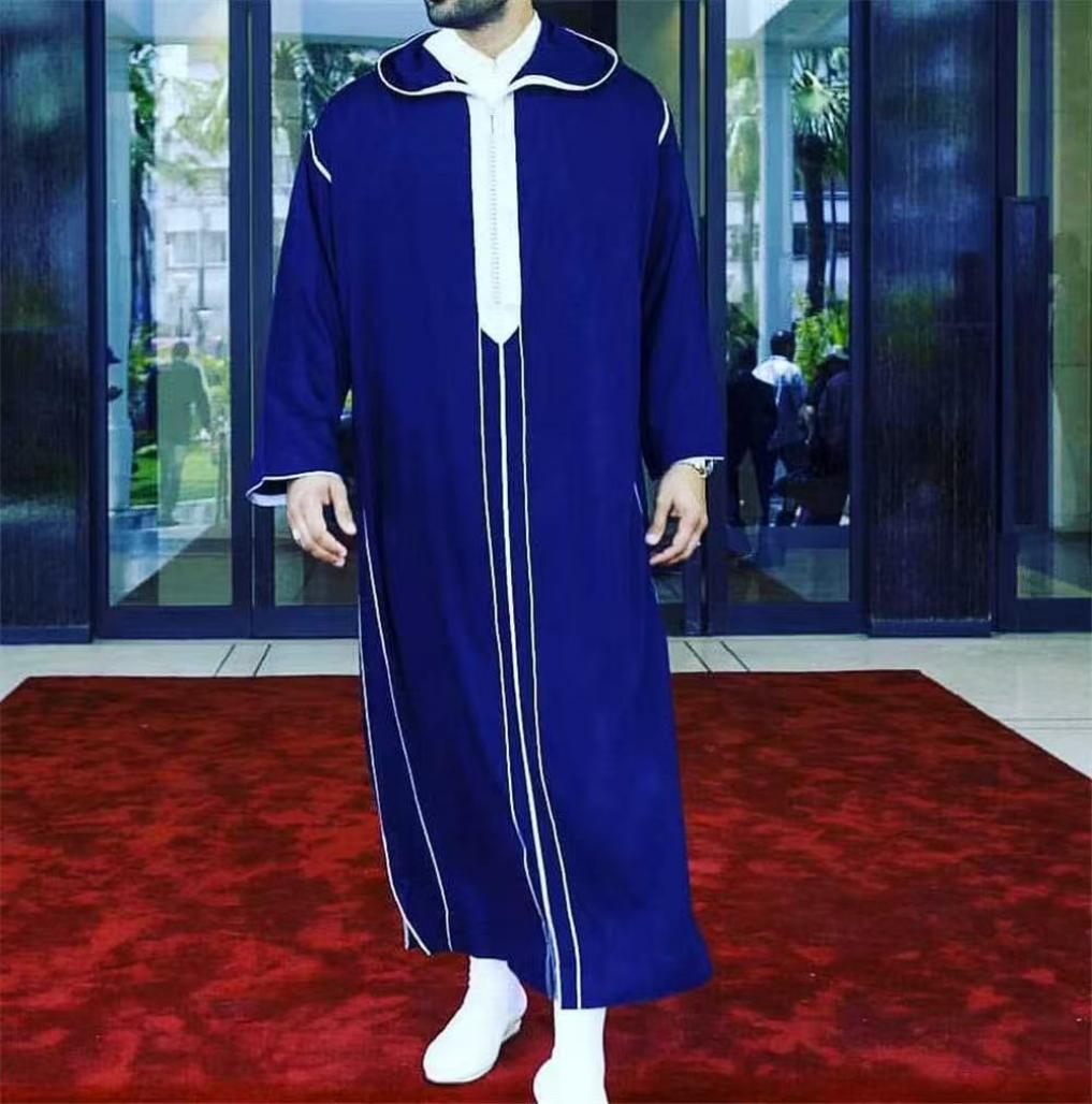 KM004  Middle Eastern Moroccan Style Men's White And Blue Color Blocked Clothing