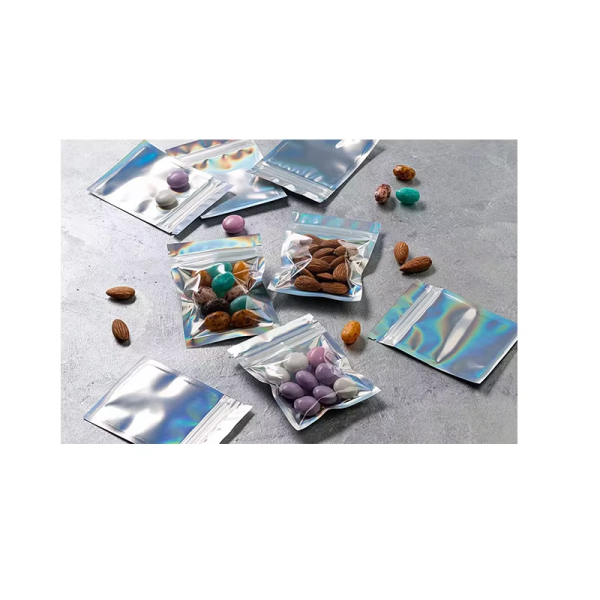 Factory Customized Rainbow Color Flat Dust Resistant Plastic Clear Laser Holographic Zipper Bag Mylar Bag