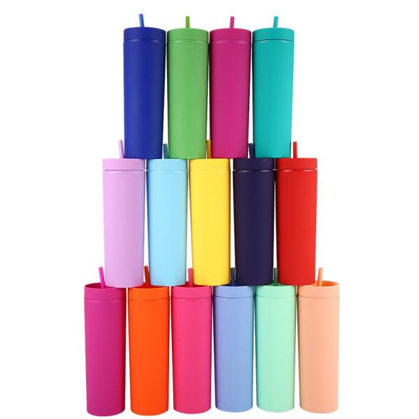 Skinny Double Insulated Plastic Water Bottle Rubber Paint 16oz Plastic Water Bottle Straight Sippy Cup With Splash Proof Lids Easy To Clean