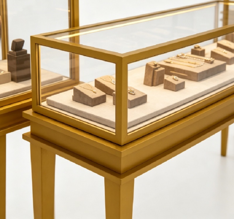 Luxury Gold Minimalist Jewelry Display Set, Complete Turnkey Showcase with Pedestal & Counter