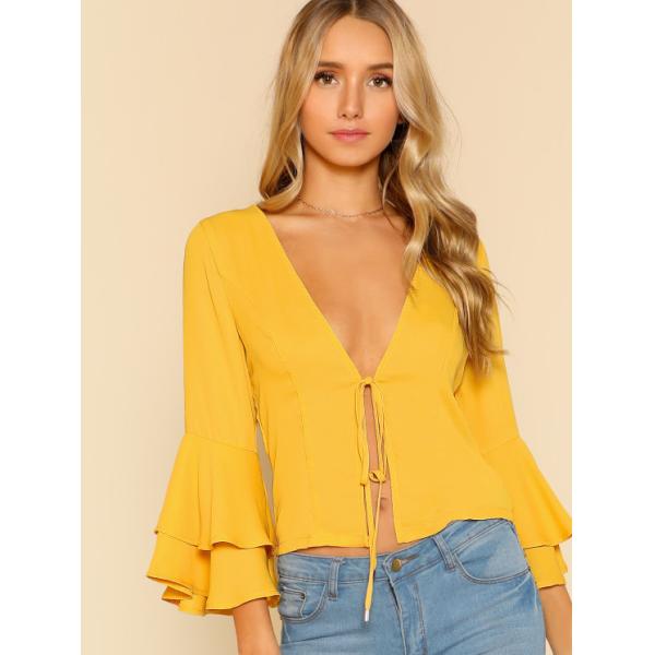 Lady deep v neck flounce sleeve sexy fashion blouse with tie