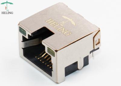 Conector fêmea do ângulo direito RJ45 com a trava da tubulação do diodo emissor de luz que procura acima o tipo do furo do PWB completamente -