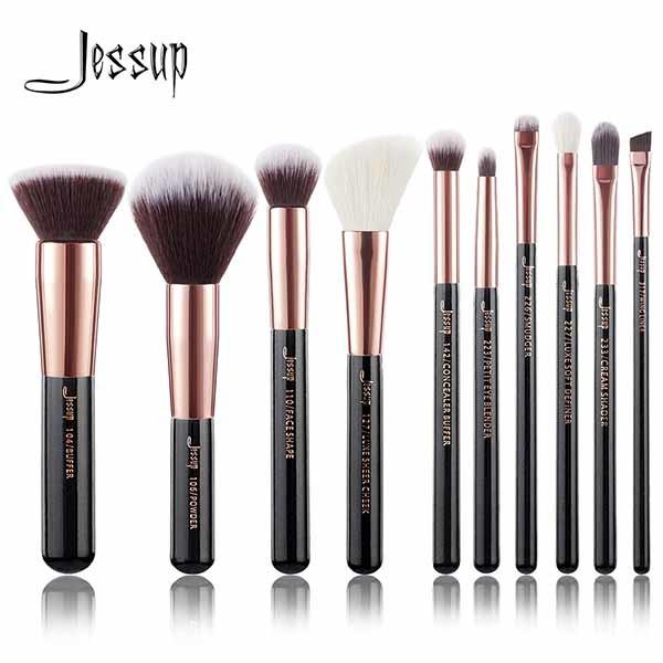 Jessup 10pcs Real Hair Makeup Brush Set Black And Rose Gold Makeup Brushes