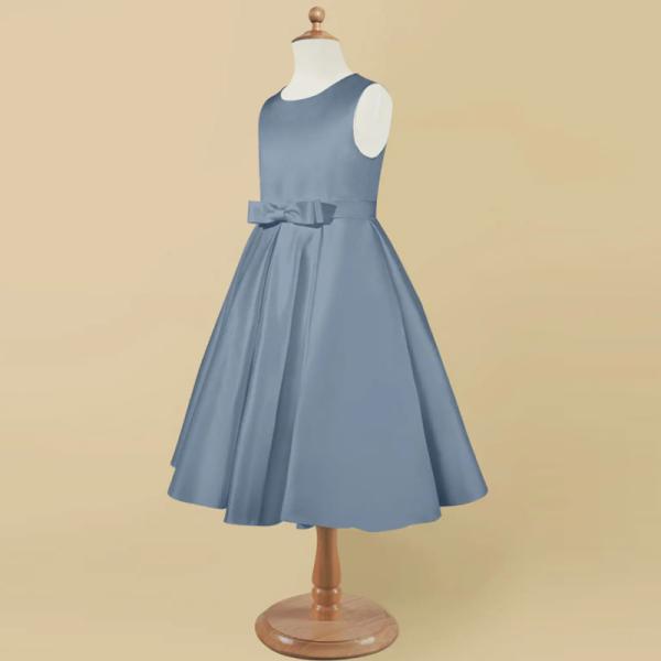 Lovely Girl Kids Dress Blue Satin OEM ODM Baby Flower Girl Dresses Sleeveless Round Neckline Knee-length Ruffles Ball Go