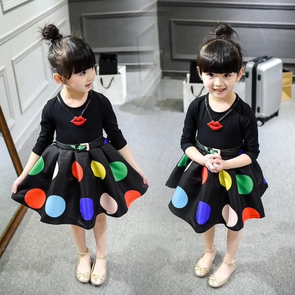 2016 Fashion Girl Colorful Kid's Black Dress long sleeve Bubble Style Dancing Dress