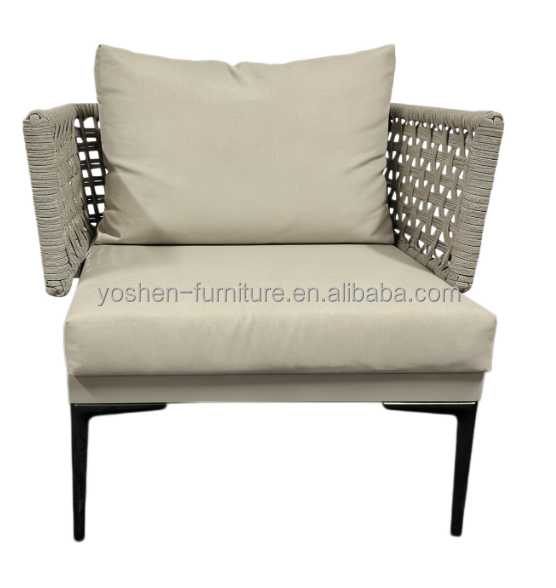 Modern Handwoven Rope Lounge Chair with Matching Cushion Set Black Frame for Hotel Resort Villa