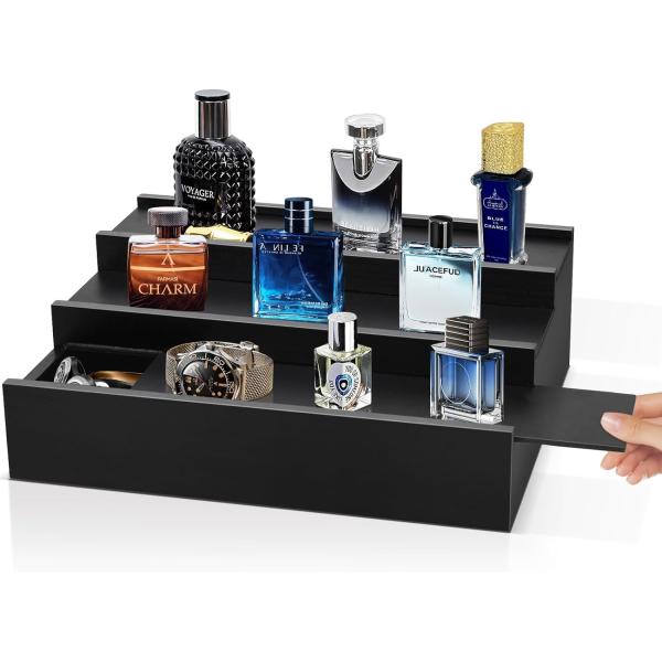 Customized Logo Acceptable Wooden Cologne Stand Perfume Organizer with Hidden Comp