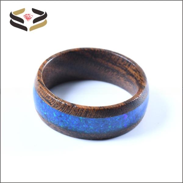 Anillos de madera de ébano dorado tipo perla de 8 mm con incrustaciones de ópalo azul