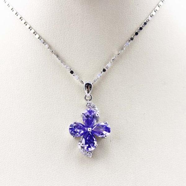 Sterling Silver  Chain Necklace with Blue Cubic Zirconia Quatrefoil Charm Pendant(P05)